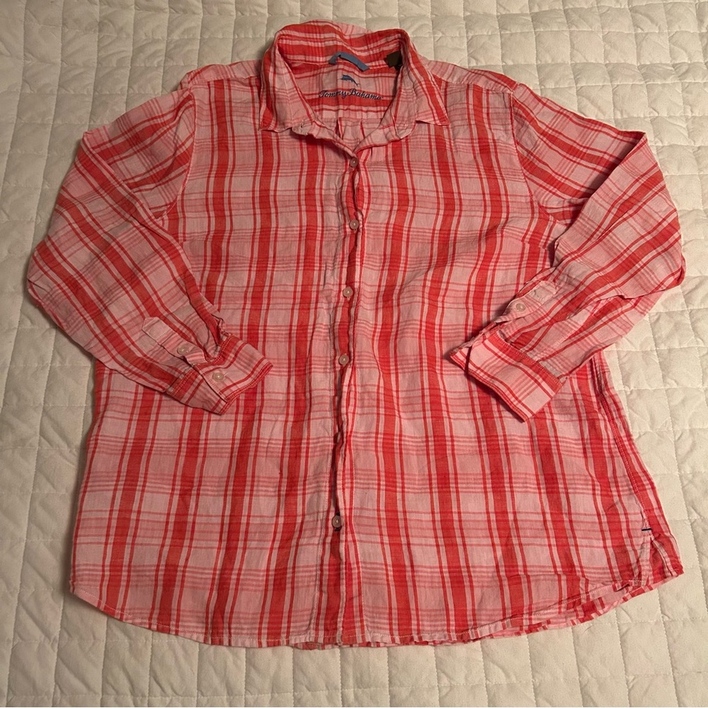 Tommy Bahama Men’s XL Button Front Shirt Red Pink Plaid Linen Blend Long Sleeve